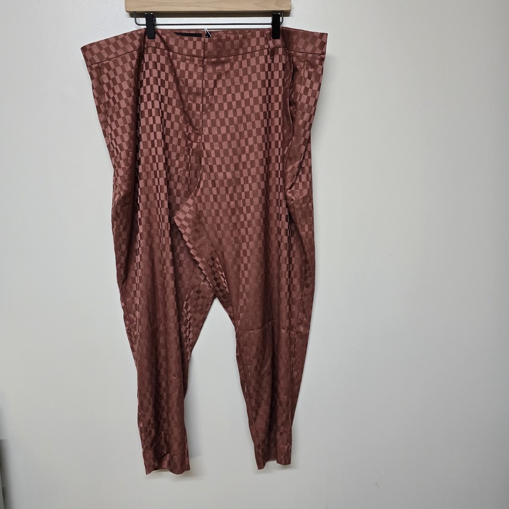 Wildfang Checker Satin Pants‎ Brown Checkered Tapered Trousers Sz 22W High Waist